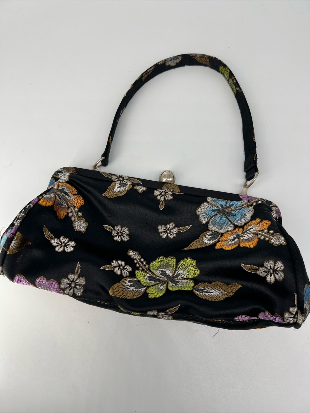 Floral Satin Top-Handle Clutch Bag – Black with Multicolor Flowers